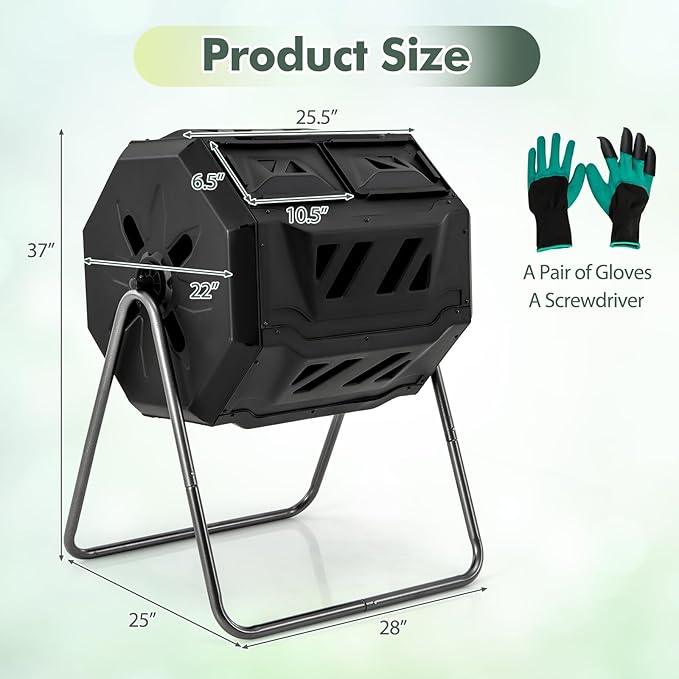 S AFSTAR Composter Tumbler Outdoor, 42-Gal Dual Chamber Tumbling Composter with 2 Sliding Doors, Metal Frame, BPA-Free Large Rotating Compost Bin Tumbler for Garden Yard Waste (Black)
