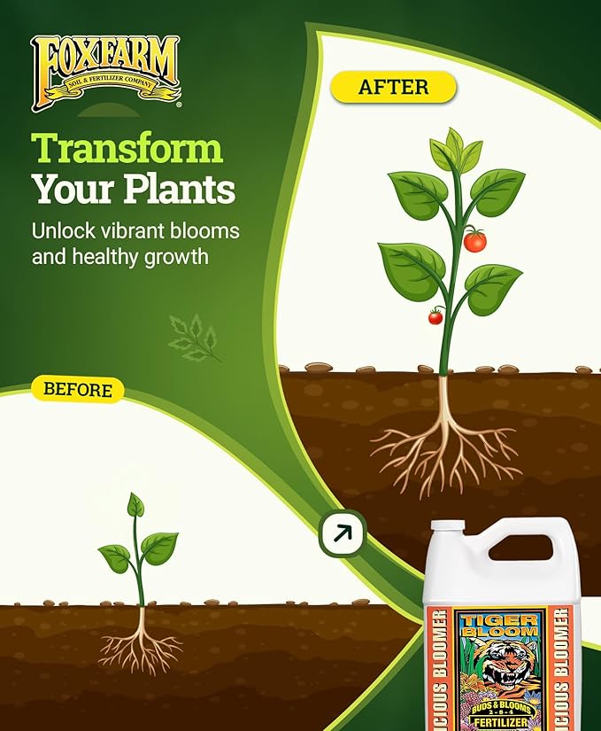 FoxFarm Tiger Bloom Liquid Fertilizer Concentrate - Fast Acting Formula for Vicious Growth with Phosphorus - Encourages Fruit, Flower & Bud Development, NPK 2-8-4 (Gallon)