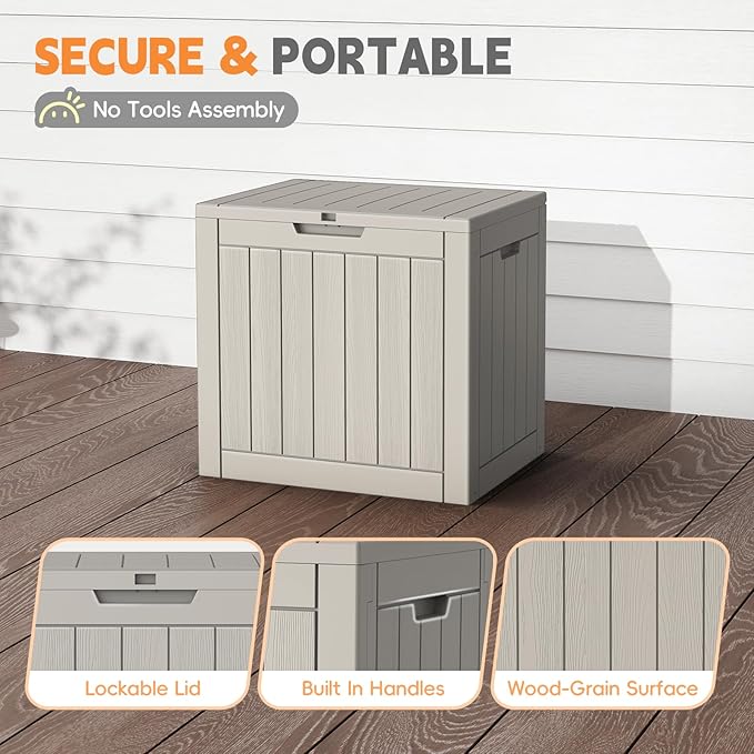 Outdoor Storage Box, 31 Gallon Waterproof Resin Deck Box, Storage Bin for Package Delivery, Patio Furniture Cushion, Garden Tools, Pool Accessories, Weatherproof and UV Resistant, Grey