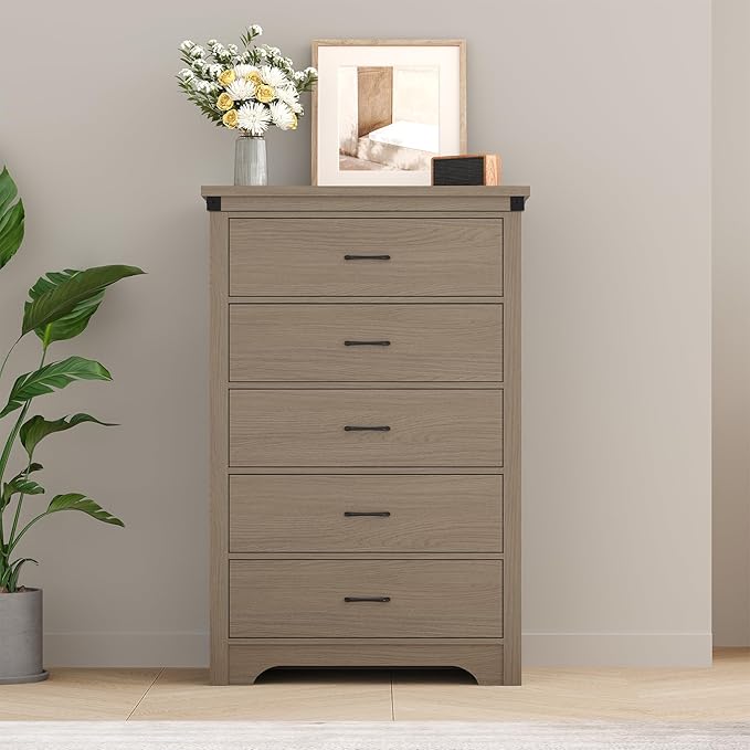 Farmhouse 5 Drawer Dresser for Bedroom, 47" Tall Chest of Drawers, Wood White Dresser with Deep Drawers, Storage Dressers Organizer for Bedroom, Living Room, Hallway, Light Rustic Oak