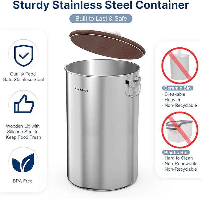 2PK 35 Lbs total 70Lbs Stainless Steel Dog Food Storage Container with Airtight Wooden Lid & Ceramic Bone Handle, Large Metal Dog Food Bin for Dogs & Cats, Keep Fresh, Easy to Clean