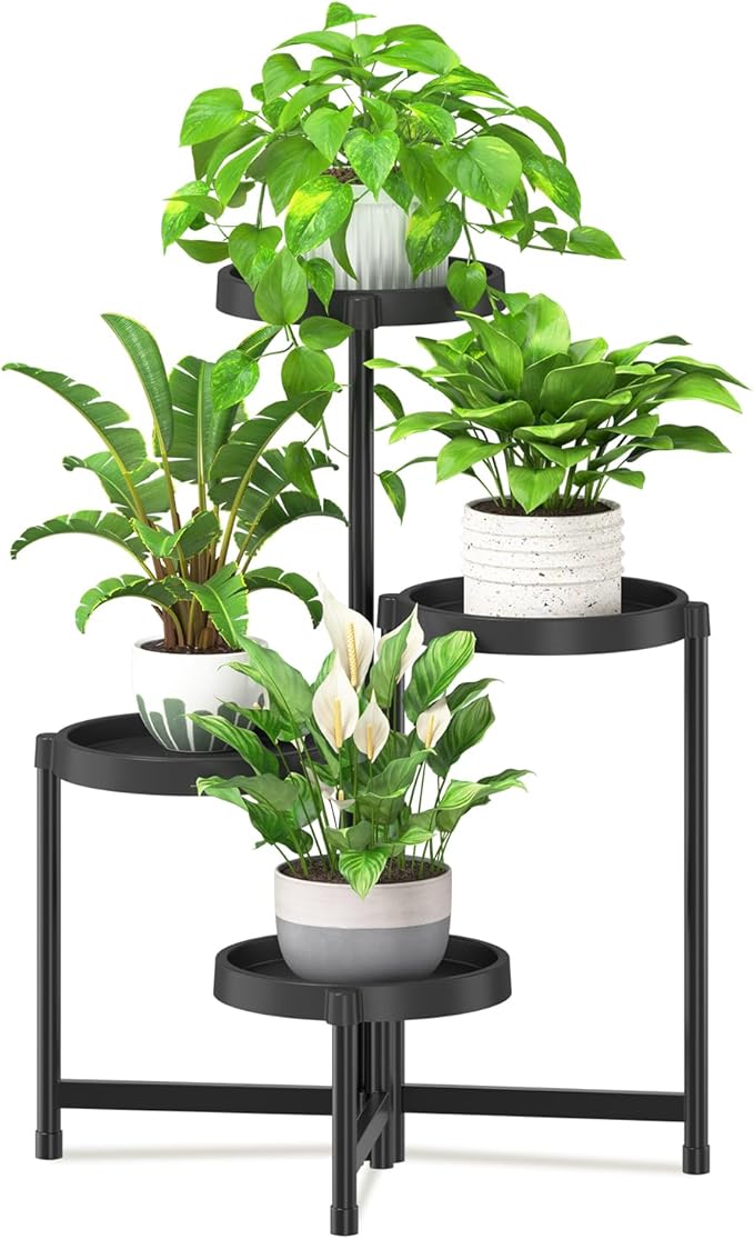 iDavosic.ly 4 Tier Folding Plant Stand Indoor Outdoor with Plastic Tray, Tiered Corner Flower Holder Shelf, Metal Orchid Display Rack for Patio Porch Living Room Garden Balcony, Modern Black