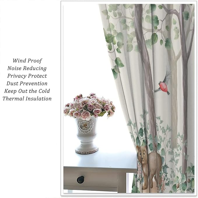 Forest Animal Curtains,Fox Elk Bird Animal Watercolor Woodland Print Curtains Kids Nursery Bedroom Living Room Home Decoration 63x72in
