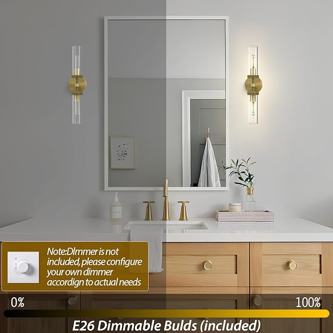 Knurled Brass Wall Sconces Set of Two, Glass Vanity Lights, Indoor Wall Sconce
