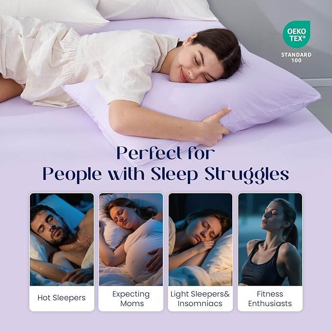 Dream Valley® Twin Sheets Set, Cooling Fitted Sheet with 1 Pillowcase-2 PCS with No Flat Sheet,Q-Max > 0.4 Aerocool, Cooling for Night Sweats, Hot Sleepers,deep Pocket up to 15",Lavender Fog