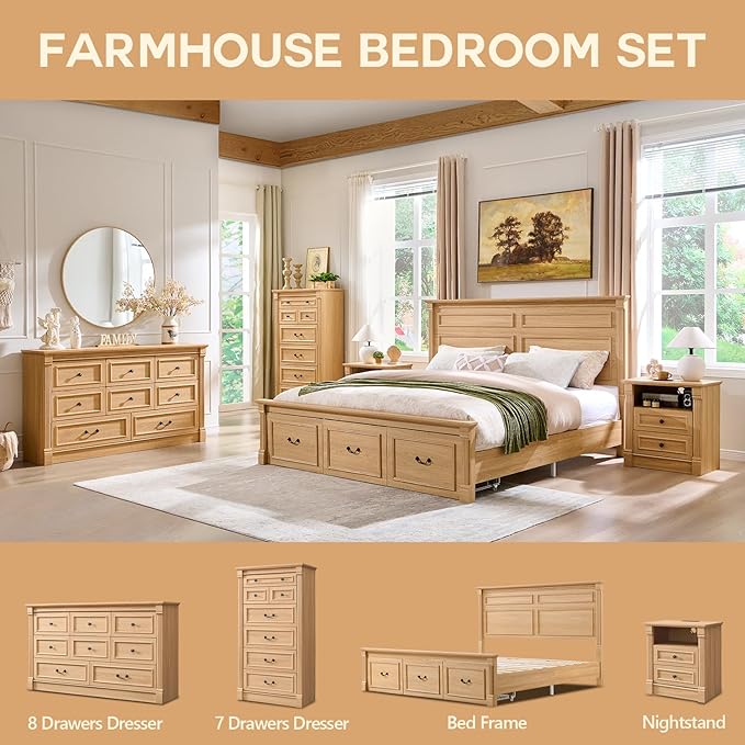26" Tall 2 Drawers Dresser for Bedroom, Farmhouse 23.6" Wide Large Nightstand with Charging Station, Wood Rustic Side Table w/Roman Column, End Table for Bedroom, Living Room, Natrual