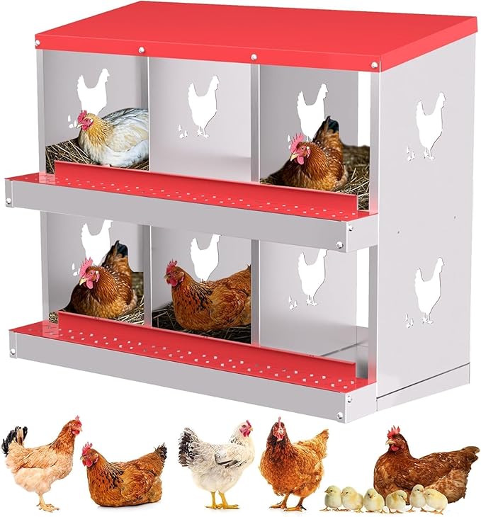 Chicken Nesting Box, Heavy-Duty Metal Chickens Laying Boxes with 6 Compartments, Large Vented Holes Hens Laying Box, Chicken Coop with Rollout Egg Collection, Wall Mount - Red
