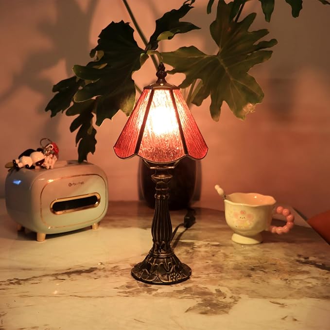 Small Tiffany Table Lamp Pink Bark Pattern Style Stained Glass Desk Lamps