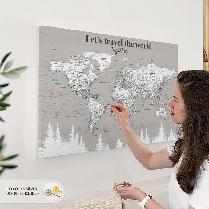 ElephantStock - Let's Travel II Push Pin World Map Wall Art - Horizontal Canvas Wall Art - Living Room Wall Decor - Digital Art Map Canvas Art - Gray And White Decor - 36" x 24"