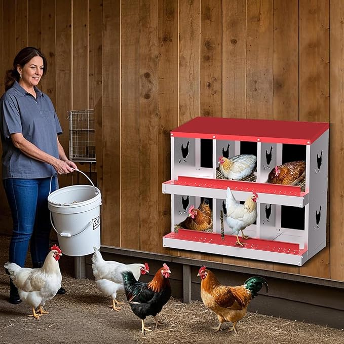 Chicken Nesting Box, Heavy-Duty Metal Chickens Laying Boxes with 6 Compartments, Large Vented Holes Hens Laying Box, Chicken Coop with Rollout Egg Collection, Wall Mount - Red