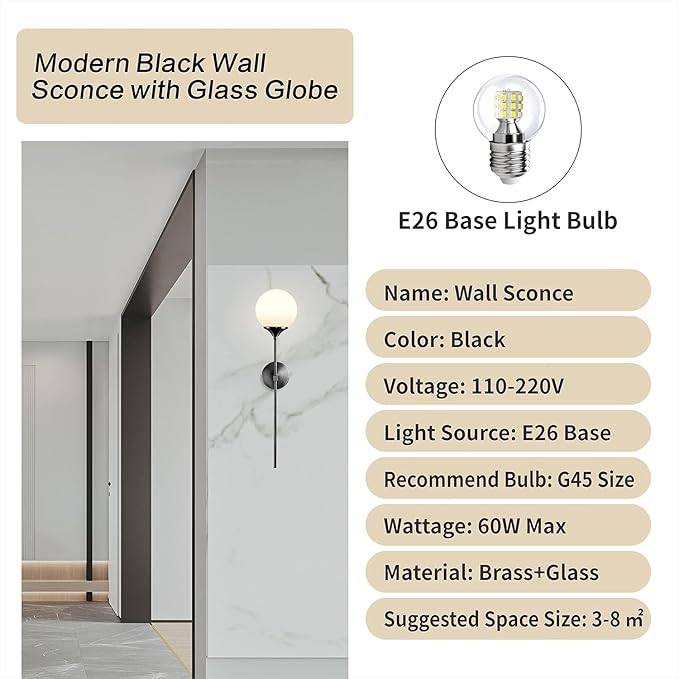 KCO Lighting Mid Century Modern Bathroom Wall Light Minimalist Black Slim Wall