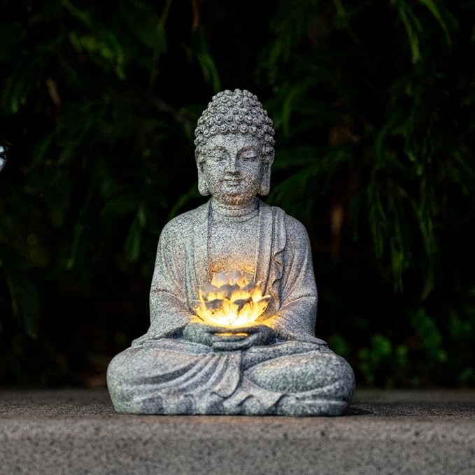 Buddha Lotus Statue with Solar Lights, Resin LED Figurine for Garden Decor – Unique Gift for Women and Friends(Grey Buddha)