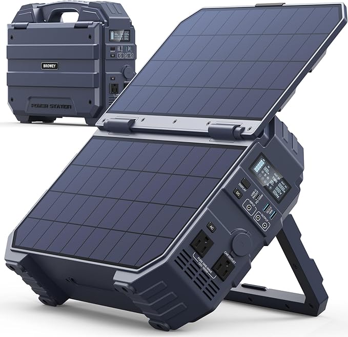 BROWEY 1600W (3200W Peak) Portable Power Station, 1024Wh LiFePO4 Battery with Built-in Solar Panel, 100W USB-C PD, Solar Generator for Camping, RV, Home Backup, Emergency (Dark Blue)