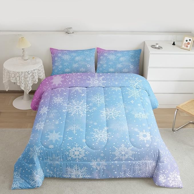Feelyou Christmas Comforter Set All Season Winter Snowflake Bedding Set with 1 Pillow Cases Blue Purple Gradient Microfiber Kids Twin Bedclothes Bedroom Decor Duvet Quilt Breathable Soft Lightweight