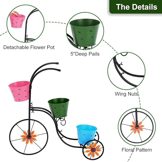 BAYN Bicycle Planter Stand, Metal Flower Pot Cart Holder with 3 Plant Bucket Outdoor Decorative for Patio, Deck, Garden or Lawn