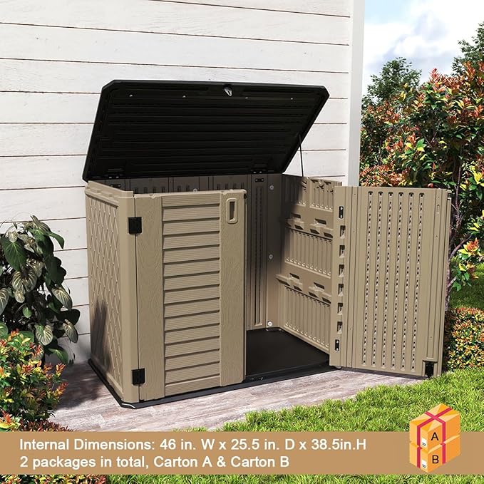 KINYING Outdoor Storage Shed - Horizontal Storage Cabinet Waterproof for Garden, Patio, Backyard, Storage Box for Easy Storage of Garbage Cans, Tools, Lawn Mower, 35 Cubic Feet,Dark Brown
