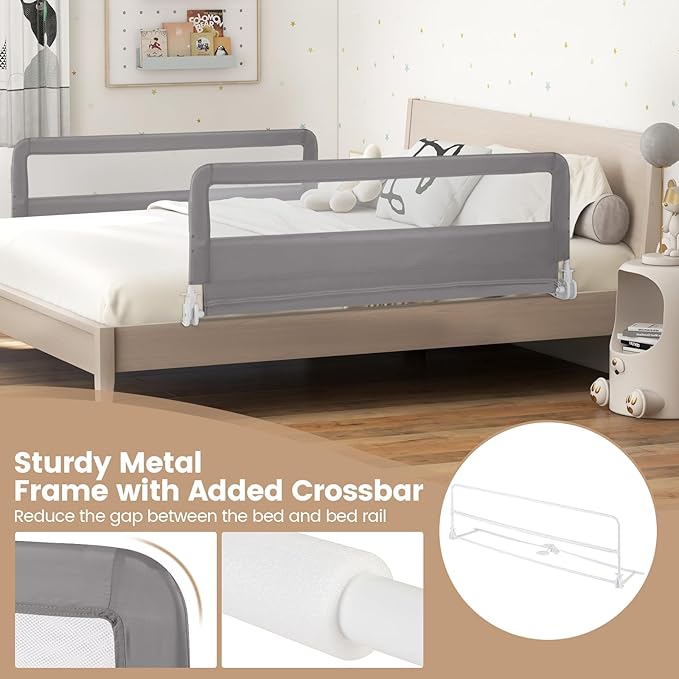 HONEY JOY Bed Rail for Toddlers, 59-in Extra Long, Portable Safety Bed Guardrail w/Double Safety Child Lock, Foldable Baby Bed Rail Guard, Fit King & Queen Full Twin Size Bed Mattress (1 Pack, Gray)