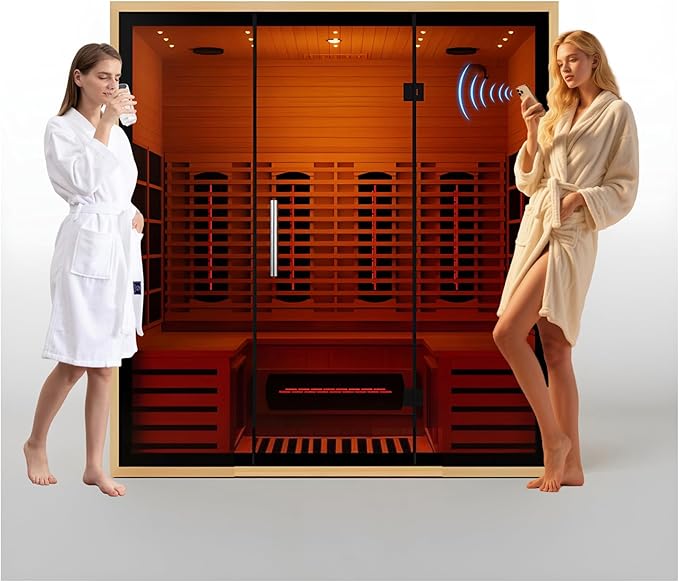 4 People Indoor Infrared Sauna, Low EMF Full Spectrum Red Heater with Carbon Heating Panels, Canadian Hemlock Wood, WiFi Control, 7-Color Starry Light, Reading Lamp, 2700W, 220V