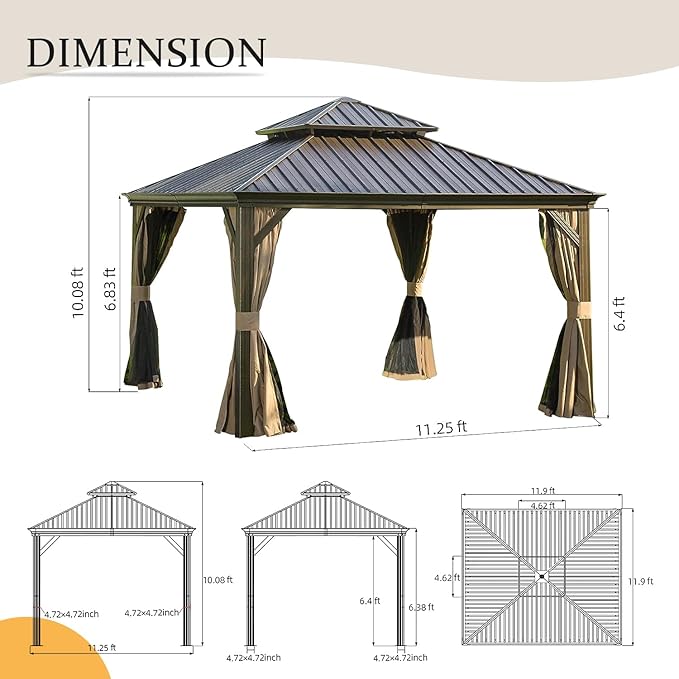 12' x 12' Hardtop Gazebo Outdoor Aluminum Gazebos Grill with Galvanized Steel Double Canopy for Patios Deck Backyard,Curtains&Netting by domi outdoor living