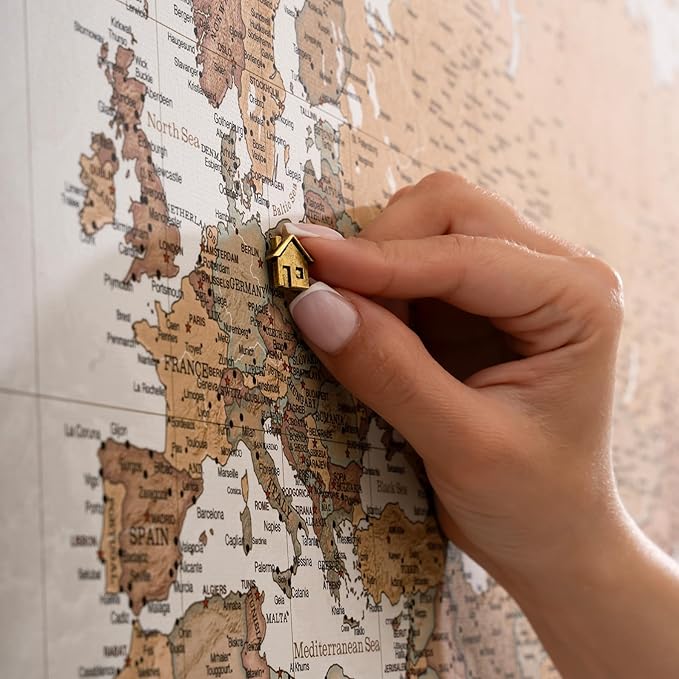 Canvas World Map with Cork Pin Board - English Lettering - Decorative Wall Decoration for All Rooms - Canvas Pictures with World Map Motif (120x80 cm, Pattern 16)