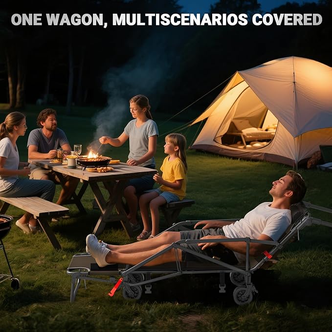 LEVELEVE Heavy Duty Folding Wagon - 2-in-1 Collapsible Cart, 400lb Capacity, All-Terrain Wheels w/Brakes & Side Pockets (Brown)