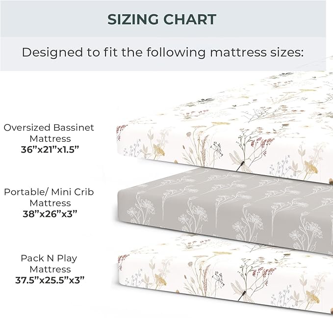 Pobibaby - 2 Pack Premium Pack N Play Sheets Fitted for Standard Pack and Plays and Mini Cribs - Ultra-Soft Jersey Knit, Stylish Floral Pattern, Safe and Snug for Baby (Wildflower)