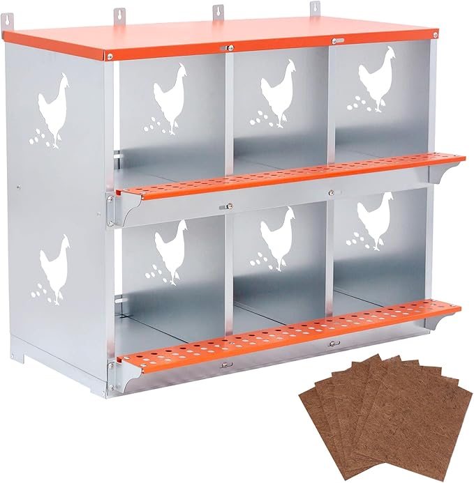Chicken Nesting Boxes, 6 Rooms Hens Nest Box, Metal Poultry Nest Box Wall Mount for Chickens Egg Laying Box Collection Vented Holes Chicken Coop Cages Equipment, Orange (6 Rooms)