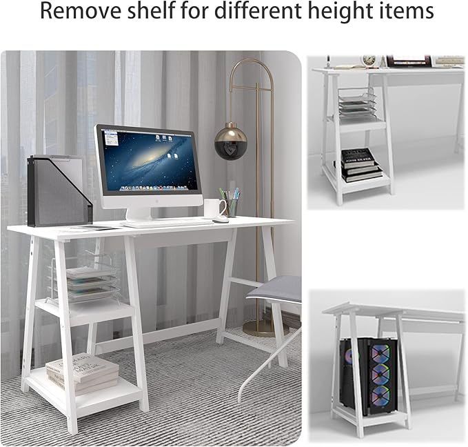 Natwind 51" White Desk with 2-Tier Storage Shelves,Home Office Computer Desk, Study Table for Kids Student Girls,Writing Desk,Modern Simple Basic Desk Workstation for Bedroom Home Office
