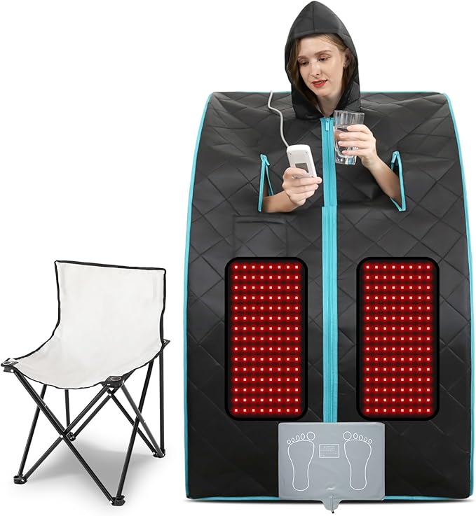 Smartmak Far Infrared Portable Sauna with Hat, 2 of 660nm Red Light Therapy for Knees Recovery, Personal Full Body Home SPA Tent, Separate Heating Foot Pad and Upgraded Folding Chair, 140 ℉