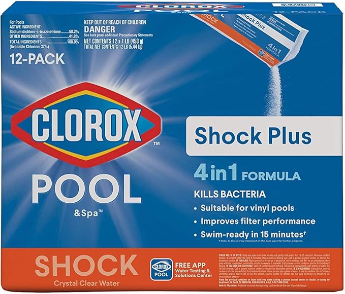 Clorox® Pool&Spa™ Shock Plus, for Crystal Clear Swimming Pool Water, Swim-ready in 15 minutes, Suitable for vinyl pools 12 Count (Pack of 1)