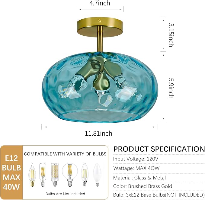 Blue Glass Semi Flush Mount Ceiling Light