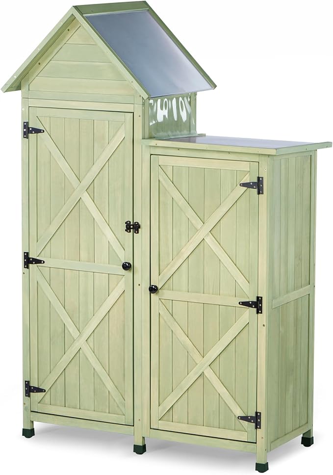 Outdoor Storage Cabinet - Waterproof Metal Roof & Wooden Vertical Design, Tall Garden Tool Shed with Multiple Shelves for Patio, Backyard, Lawn, Yard (Green, 22" x 46" x 67")
