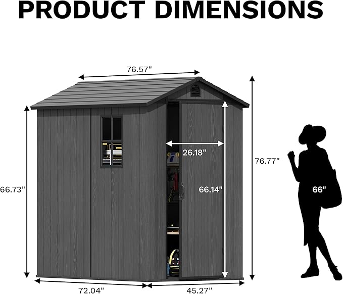 Devoko 4x6 FT Outdoor Storage Plastic Shed, Waterproof Resin Garden Shed with Lockable Door, Floor & Window, All-Weather Tool Shed for Backyard, Patio, Lawn, Poolside, Dark Gray