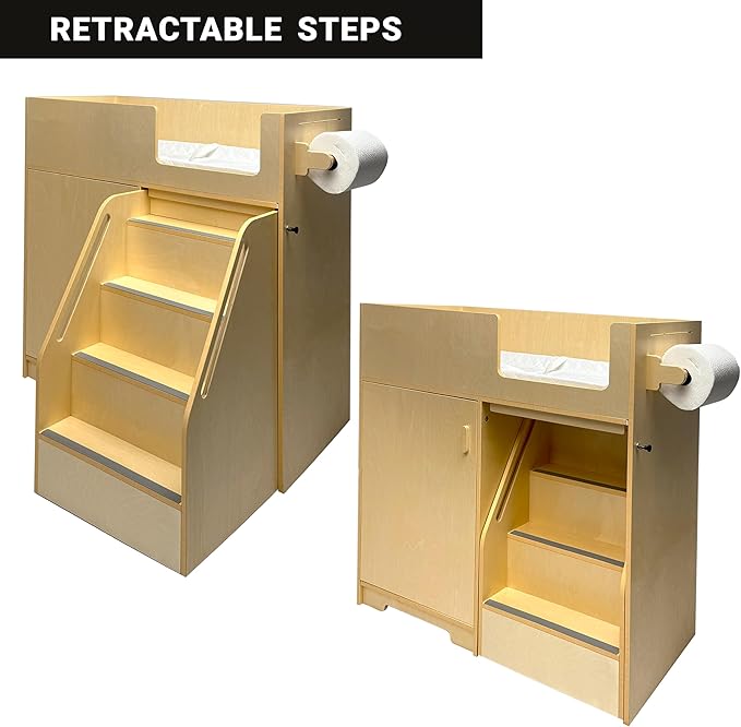 Portable Changing Table Dresser with Stairs on Wheels – Wooden Diaper Changing Station with 2 Storage Shelves, Paper Roller, and Changing Pad - Perfect for Babies and Toddlers