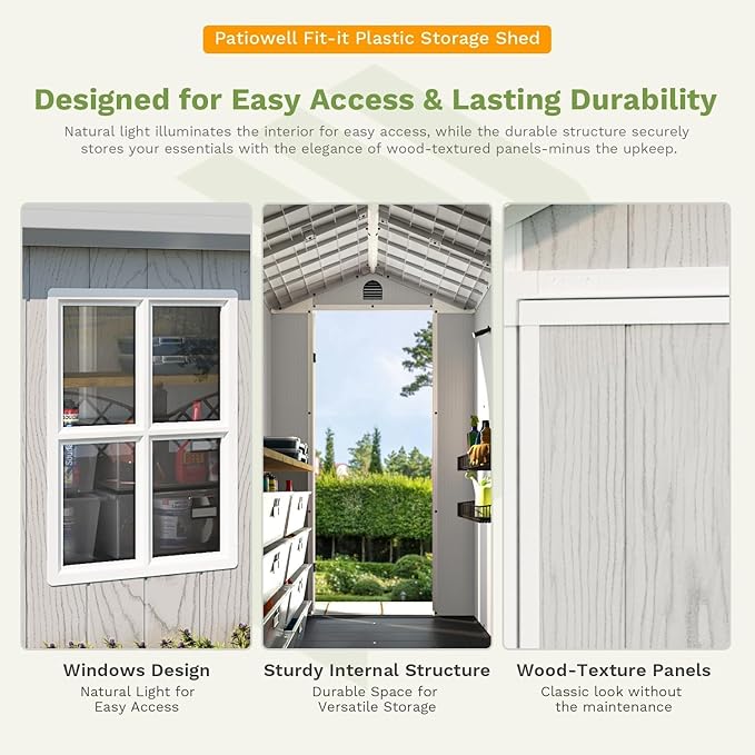Patiowell 4x8 FT Outdoor Storage Shed with Floor & 2 Windows, Large Plastic Garden Shed with Lockable Door for Backyard, Patio, and Lawn, White (Fit-it Shed)