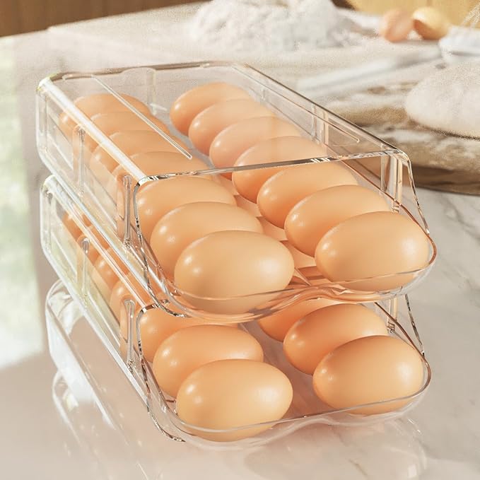 theaoo Egg Holder for Fridge, Automatic Rolling Egg Container for Refrigerator, Clear Plastic Egg Dispenser, Stackable Eggs Organizer with Quick Removable inner Tray For Organizers and Storage, 2 Pack