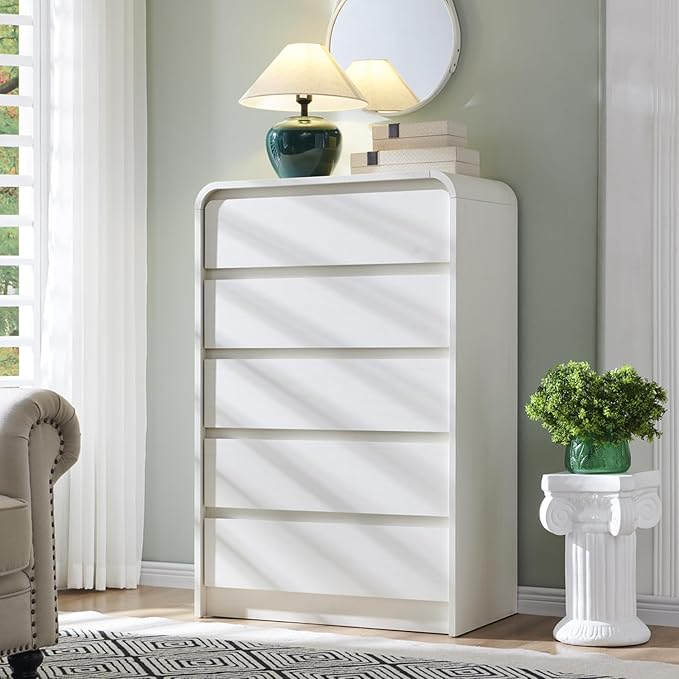 Modern 5 Drawers Dresser for Bedroom, 45" Tall Dressers & Chests of Drawers w/Curved Profile Design, Wood Mid Century Vertical Dresser w/Natural Texture for Bedroom, Living Room, Antique White