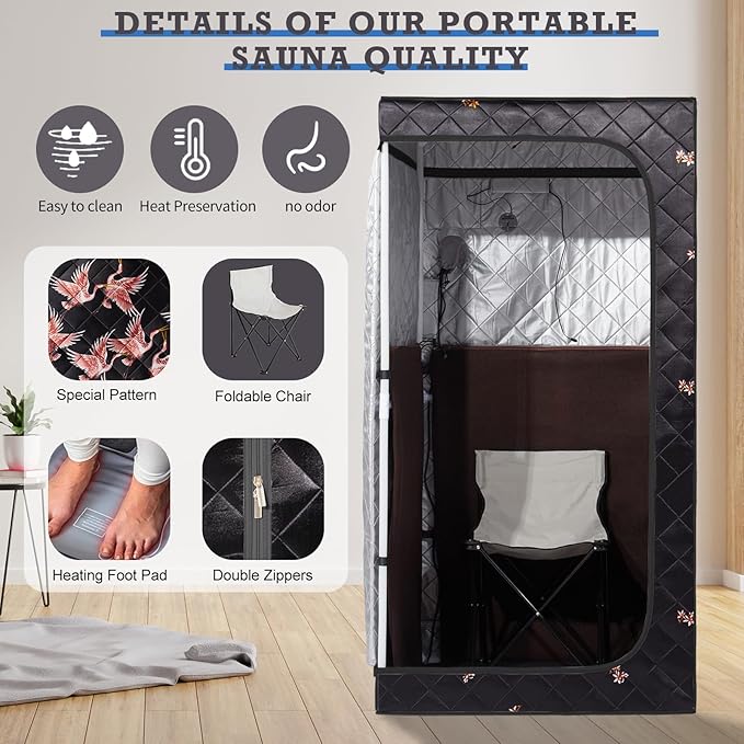 Smartmak Full Size Portable Home Sauna Kit, 1 Person Far Infrared Sauna, Full Body Sauna Tent for Relaxation, with Timer & Temperature Remote Control, Foot Heating Pad,Upgraded Folding Chair - Black