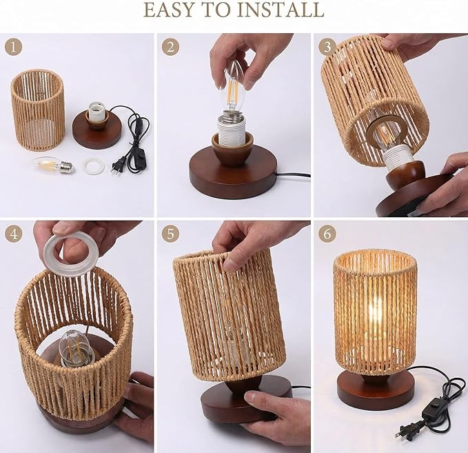 Small Rattan Table Lamp for Bedroom, Boho Bedside Lamp