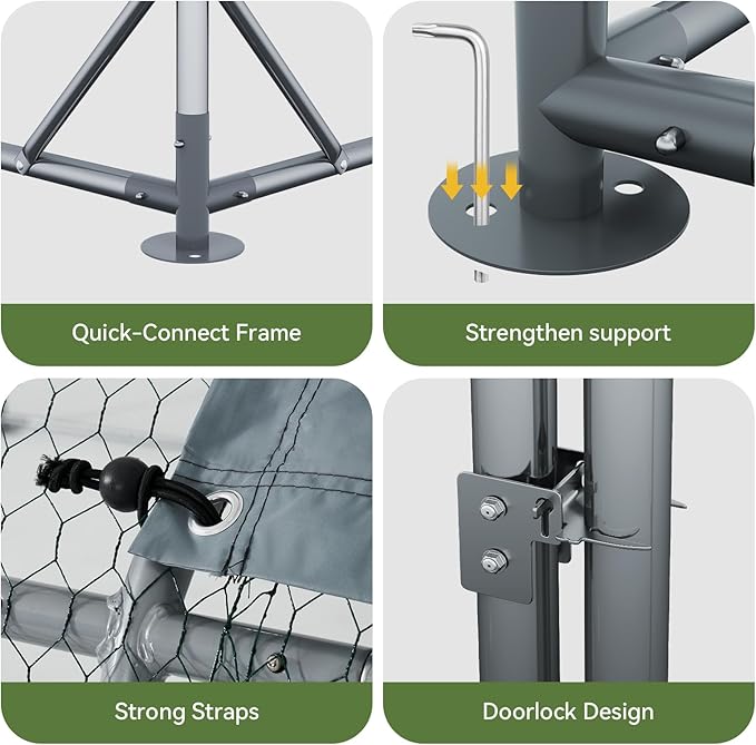 Aoxun Metal Chicken Coop, Outdoor Chicken Runs for Yard with Cover, Spire Roof Hen House Enclosure with Security Lock, Walk-in Cage Peak Hen House for Yard Farm (10x6.5x6.4 FT)