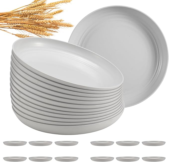 12 Pcs Unbreakable Deep Dinner Plates Set, 9 inch Reusable Plastic Wheat Straw Plates, Microwave and Dishwasher Safe Plate for Kitchen, Lightweight Plate for Dessert, BPA Free, White Gray