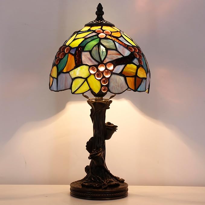 Small Tiffany Lamp Stained Glass Table Lamp Amber Grape Style Bedside Desk