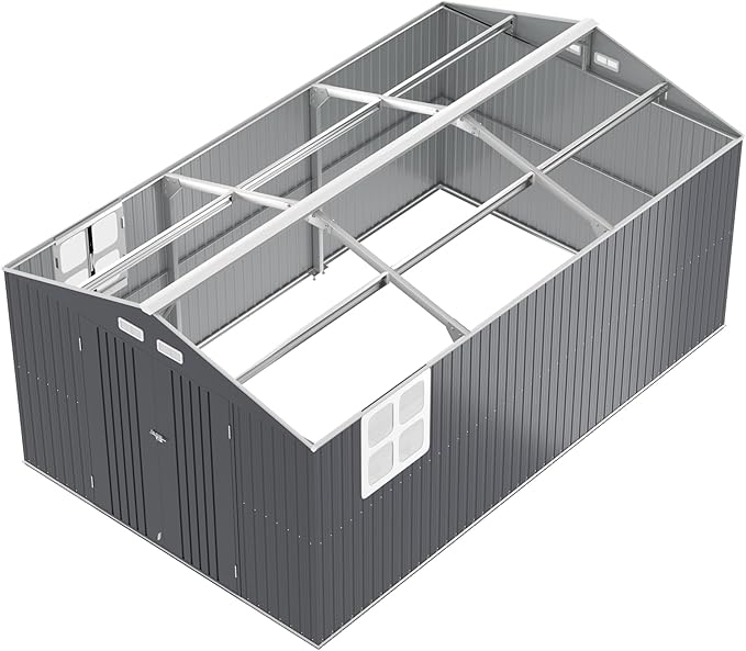 Metal Shed 10x16 FT Large with Customizable Skylight, Reinforced Steel Frame, Heavy-Duty Galvanized Steel Big Garden Sheds with Lockable Doors,4 Pane Windows, Large Utility Tool Sheds