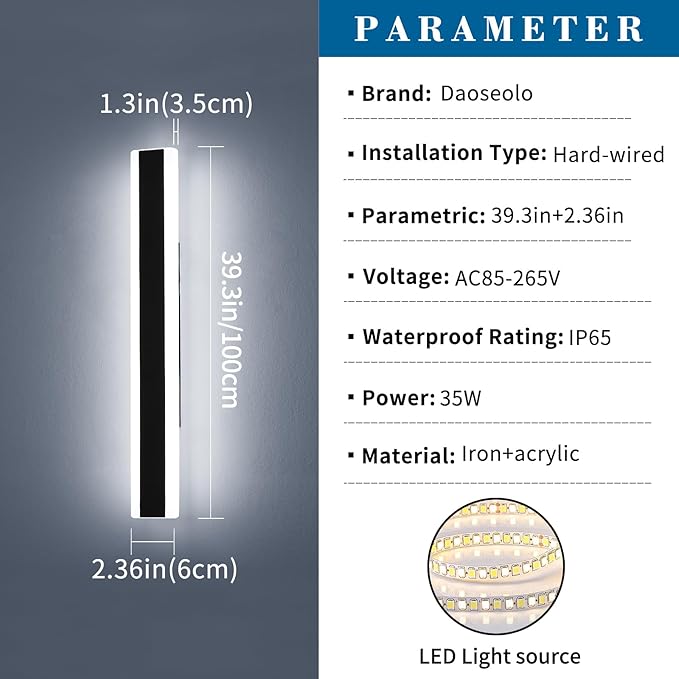 39.3inch Modern Outdoor Wall Light, 6000K Cold White, IP65 Waterproof, Wall