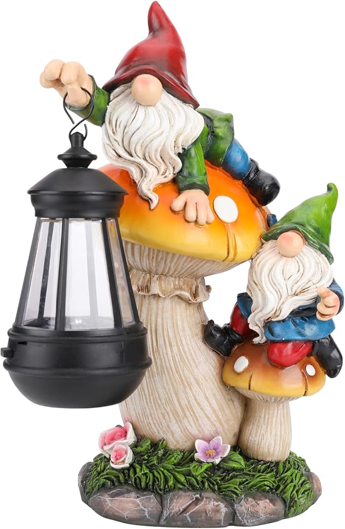 Garden Gnome Statue, Large Funny Gnome Figurine Climbing on Mushroom and Holding a Solar LED Lantern Resin Ornament for Patio Yard Lawn Porch Outdoor Decor