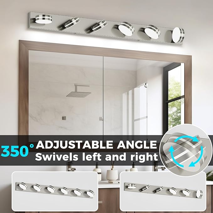 6-Light Nickel Bathroom Vanity Light Over Mirror, LED Vanity Lighting Fixtures