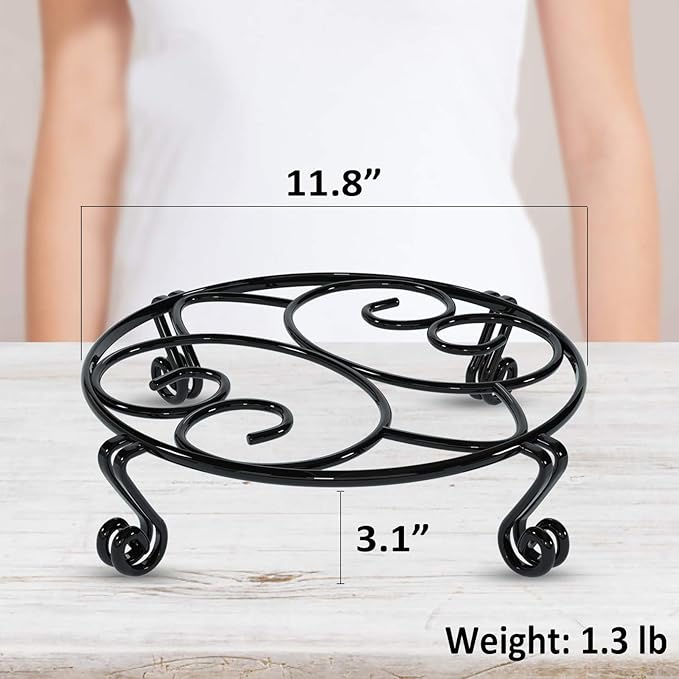 Yimobra Original Patented Plant Stand for Flower Pot Heavy Duty Potted Holder Indoor Outdoor, Metal Rustproof Iron Garden Container Round Supports Rack for Planter, Black, 11.8 Inches