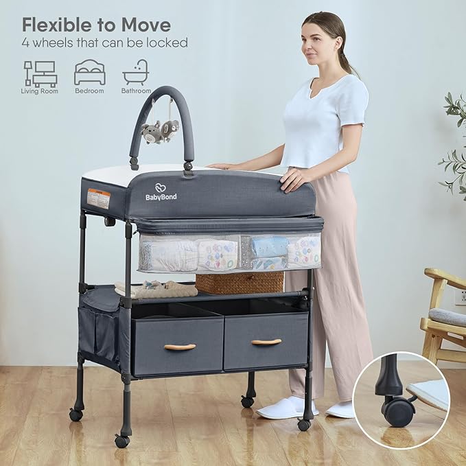Portable Baby Changing Table with 2 Storage Baskets, BabyBond Foldable Changing Table Dresser Diaper Changing Table Height Adjustable Changing Station for Infant and Newborn(Grey)