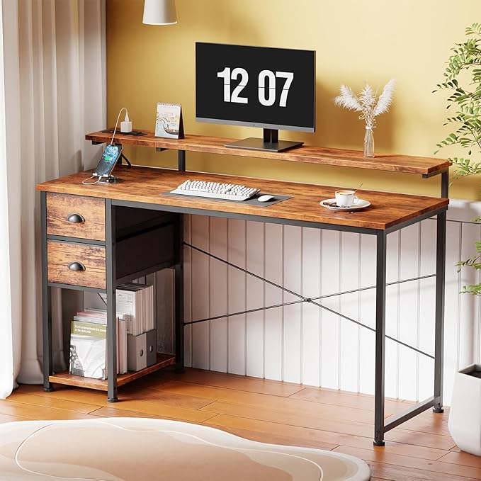 55 Inch Computer Desk with Power Outlets & LED Lights, Home Office Desk with Storage Drawers and Monitor Stand, Writing Work Study Desk for Bedroom Living Room