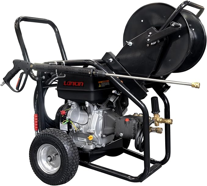 Canpump 2-in-1 Gas Pressure Washer & Sewer Jetter – 3400 PSI, 5.7 GPM, 420cc Loncin Engine – Triplex Pump w/Extended Bypass Unloader – 100 ft Hose Reel, Foot Valve, Spray Gun, Wand, Hose, Nozzles